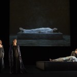 (l – r) Daveda Karanas as Brangäne, Melanie Diener as Isolde, Ben Heppner as Tristan and Franz-Josef Selig as King Marke in the Canadian Opera Company’s production of Tristan und Isolde, 2013. Conductor Johannes Debus, director Peter Sellars, visual artist Bill Viola, costume designer Martin Pakledinaz and lighting designer James F. Ingalls. Photo: Michael Cooper