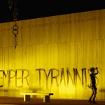 Sic Semper Tyrannis written in paint on wall in The Canadian Opera Company's production of La clemenza di Tito, Toronto, Ontario