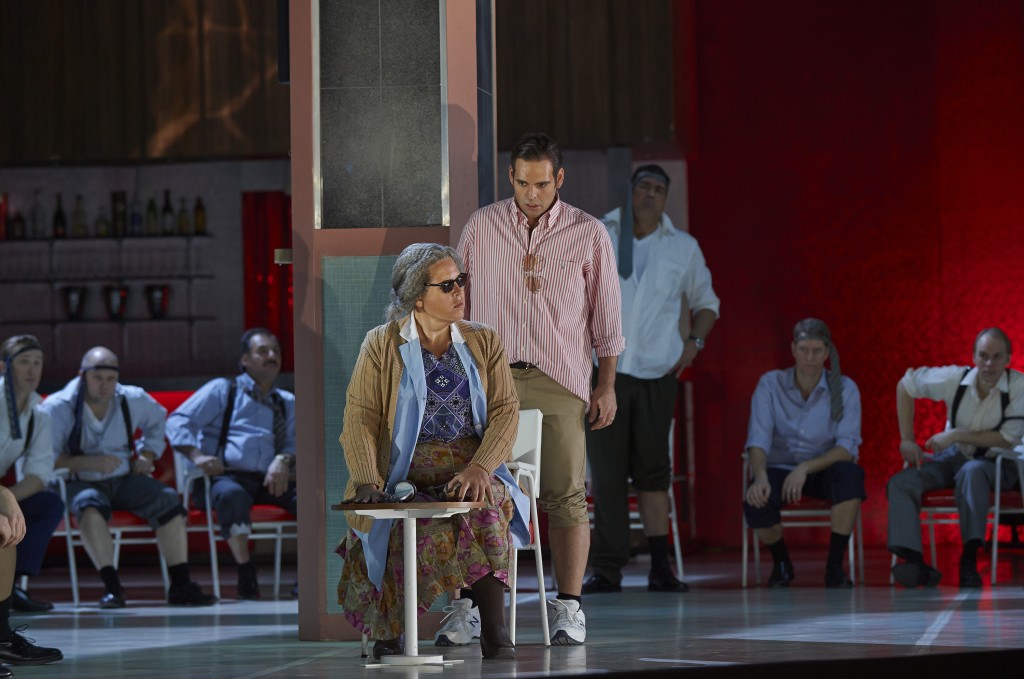 Neither the set nor the costuming worked in this version of Verdi's A Masked Ball. Pictured, Elena Manistina as Ulrica and Dimitri Pittas as Riccardo. 