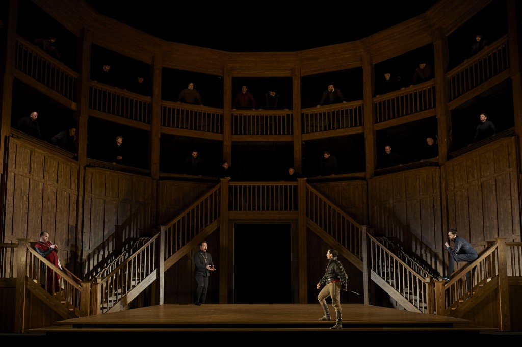 (l-r) Owen McCausland as Lord Cecil, Russell Braun as Nottingham, Leonardo Capalbo as Roberto Devereux and Matt Boehler as Sir Gualtiero Raleigh.