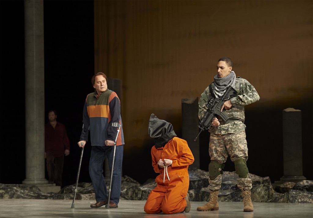 (l-r) David Daniels as Lichas (in background), Richard Croft as Hyllus, Lucy Crowe as Iole and Kaleb Alexander as Soldier in the Canadian Opera Company production of Hercules, 2014. 