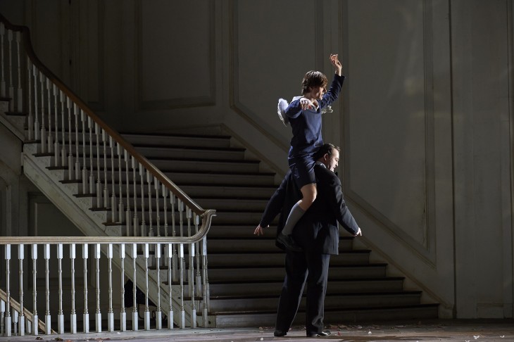 3164 - Russell Braun as the Count and and Uli Kirsch as Cherubim (top) in the Canadian Opera Company’s production of The Marriage of Figaro, 2016. Conductor Johannes Debus, director Claus Guth, set and costume designer Christian Schmidt, lighting designer Olaf Winter, video designer Andi A. Müller, and choreographer Ramses Sigl. Photo: Michael Cooper