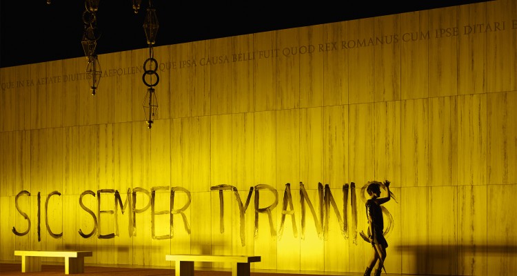 Sic Semper Tyrannis written in paint on wall in The Canadian Opera Company's production of La clemenza di Tito, Toronto, Ontario