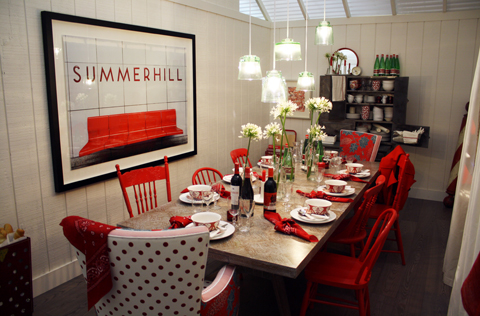 Interior design dining room showroom, red and white