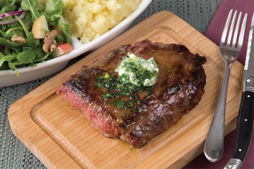 Fresh Canteen Seared, flat-iron steak with wasabi potatoes, parsley, garlic butter and apple salsa