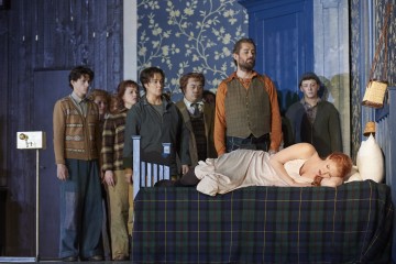 Jane Archibald as Ginevra (on bed) with Alice Coote as Ariodante and Johannes Weisser as the King of Scotland (in front row) in the Canadian Opera Company’s production of Ariodante, 2016, photo: Michael Cooper