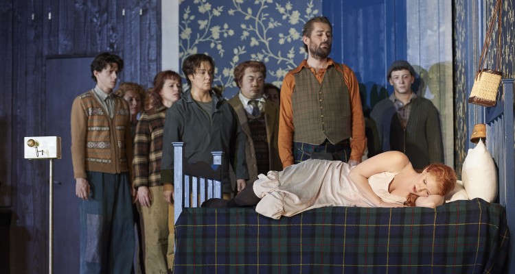 Jane Archibald as Ginevra (on bed) with Alice Coote as Ariodante and Johannes Weisser as the King of Scotland (in front row) in the Canadian Opera Company’s production of Ariodante, 2016, photo: Michael Cooper